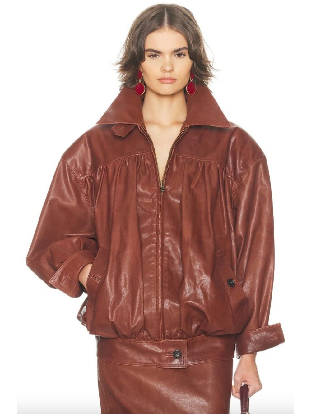 Helsa The Shirred Oversized Leather Jacket Cognac Womens Size XS